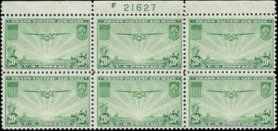 c1937 - #C21 20c China Clipper Plate # Block of 6 - MNH, Undisturbed OG