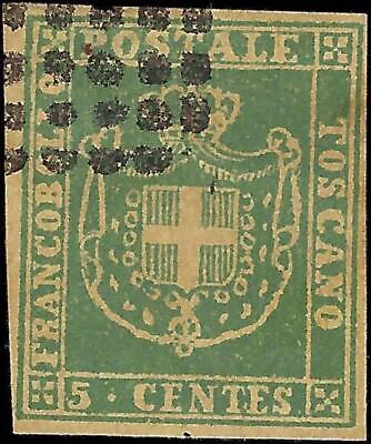 VEGAS - 1860 Tuscany Italy 5c Stamp -Scott 18 - Cat= $260! - Forgery? Thin - FV238