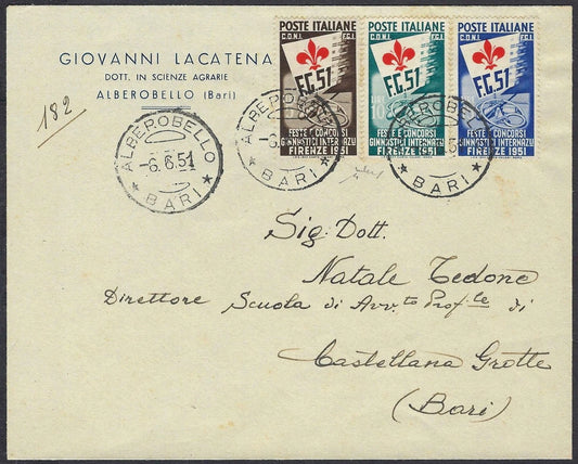 Italy 1951 Scott 574-576 Sassone 776-778 on Cover Cert Chiavarello