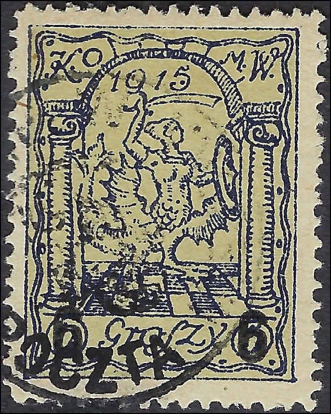 1915 WARSAW Poland Stadtpost 6gr K.O.M.W. Polonia Used – Signed S. Kamiński