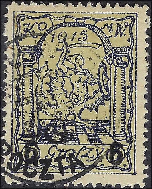 1915 WARSAW Poland Stadtpost 6gr K.O.M.W. Polonia Used – Signed S. Kamiński