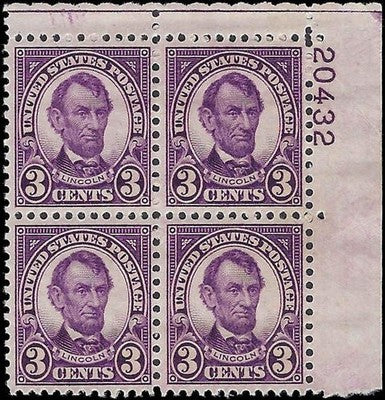 c1927 - Scott 635 3c Lincoln Issue - Plate Block of 4 - MNH, OG