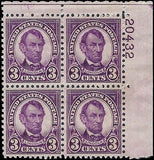 c1927 - Scott 635 3c Lincoln Issue - Plate Block of 4 - MNH, OG