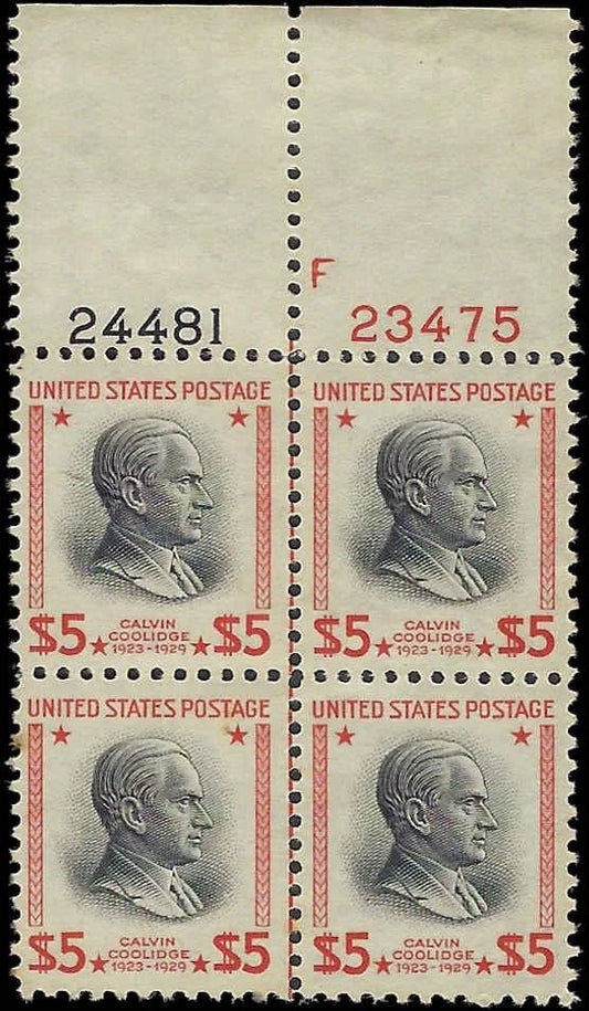 1938 USA Scott 834 $5 Coolidge P# Block of 4 Stamp - MNH, Undisturbed OG -Nice!