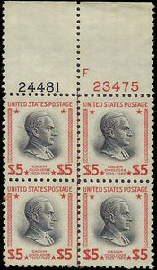 1938 USA Scott 834 $5 Coolidge P# Block of 4 Stamp - MNH, Undisturbed OG -Nice!