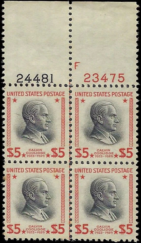 1938 USA Scott 834 $5 Coolidge P# Block of 4 Stamp - MNH, Undisturbed OG -Nice!