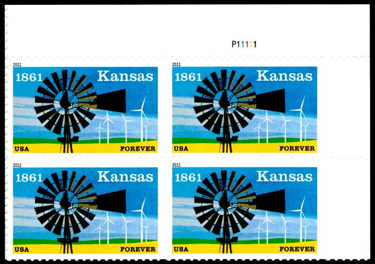 2011 Kansas Statehood Plate Block of 4 "Forever" Postage Stamps, Scott4493, MNH,OG