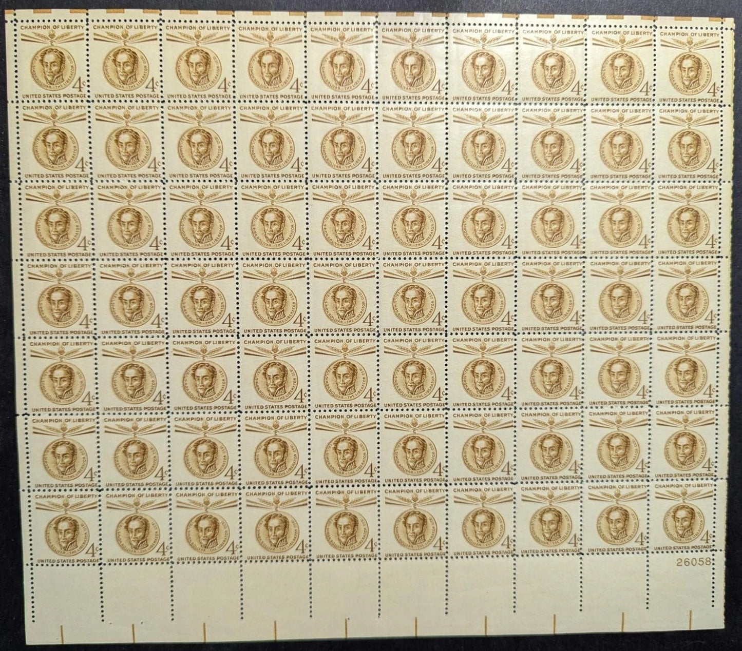 1958 USA 4c Bolivar Sheet -Scott 1110 -MNH, Undisturbed OG -No Sig Flaws