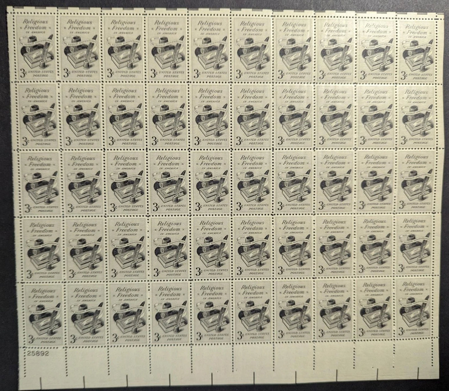 1957 USA 3c Religious Free Sheet -Scott 1099 -MNH, Undisturbed OG -No Sig Flaws