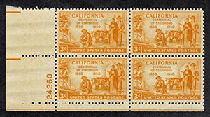 1950 California Centennial Plate Block of 4 4c Postage Stamps - Sc# 997 - MNH,OG