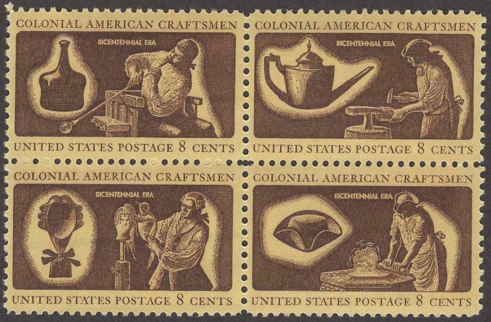 1972 Colonial Craftsmen Block Of 4 8c Postage Stamps, Scott 1456-1459, MNH, OG