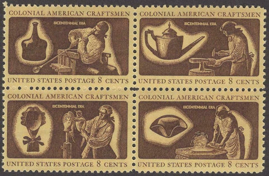 1972 Colonial Craftsmen Block Of 4 8c Postage Stamps, Scott 1456-1459, MNH, OG
