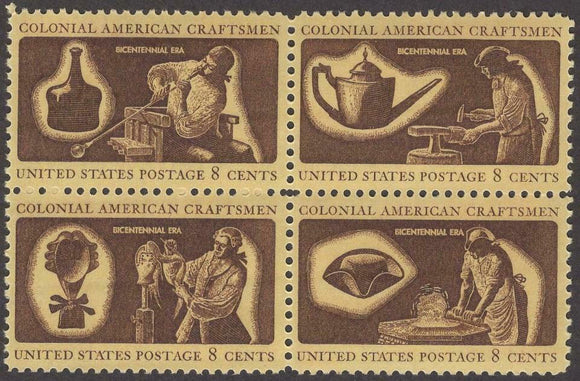 1972 Colonial Craftsmen Block Of 4 8c Postage Stamps, Scott 1456-1459, MNH, OG