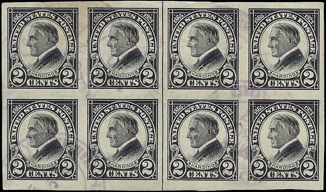 c1923 - #611 2c Harding Imperf Centerline Block of 8 - Choice Centering!