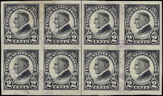 c1923 - #611 2c Harding Imperf Centerline Block of 8 - Choice Centering!