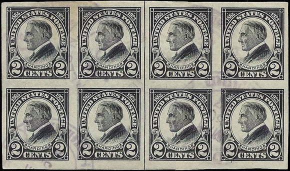 c1923 - #611 2c Harding Imperf Centerline Block of 8 - Choice Centering!