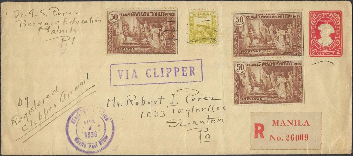 1936 Philippines Registered Via Clipper Airmail Cover Manila to Scranton PA Your