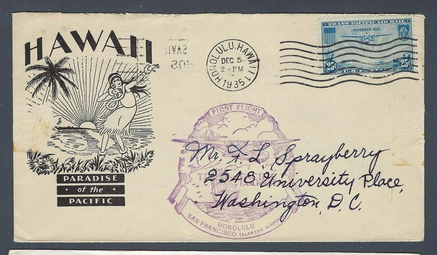 1935 FAM Route 14 First Flight Cover Honolulu to San Francisco C20 Hawaii