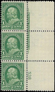 c1898 - Scott 279 Franklin - Imprint Block of 3 - MNH, OG (LH on Margin) - READ