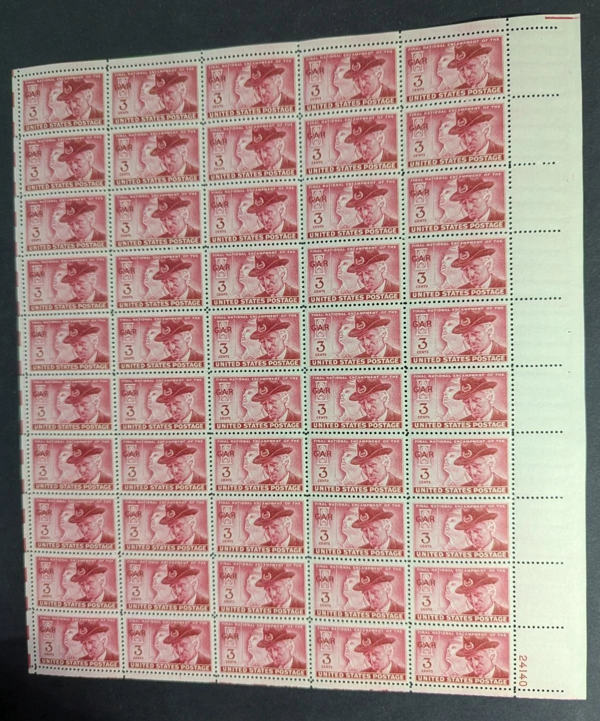 1949 USA Union Soldier 3c Sheet -Scott 985 -MNH, Undisturbed OG -No Sig Flaws -2