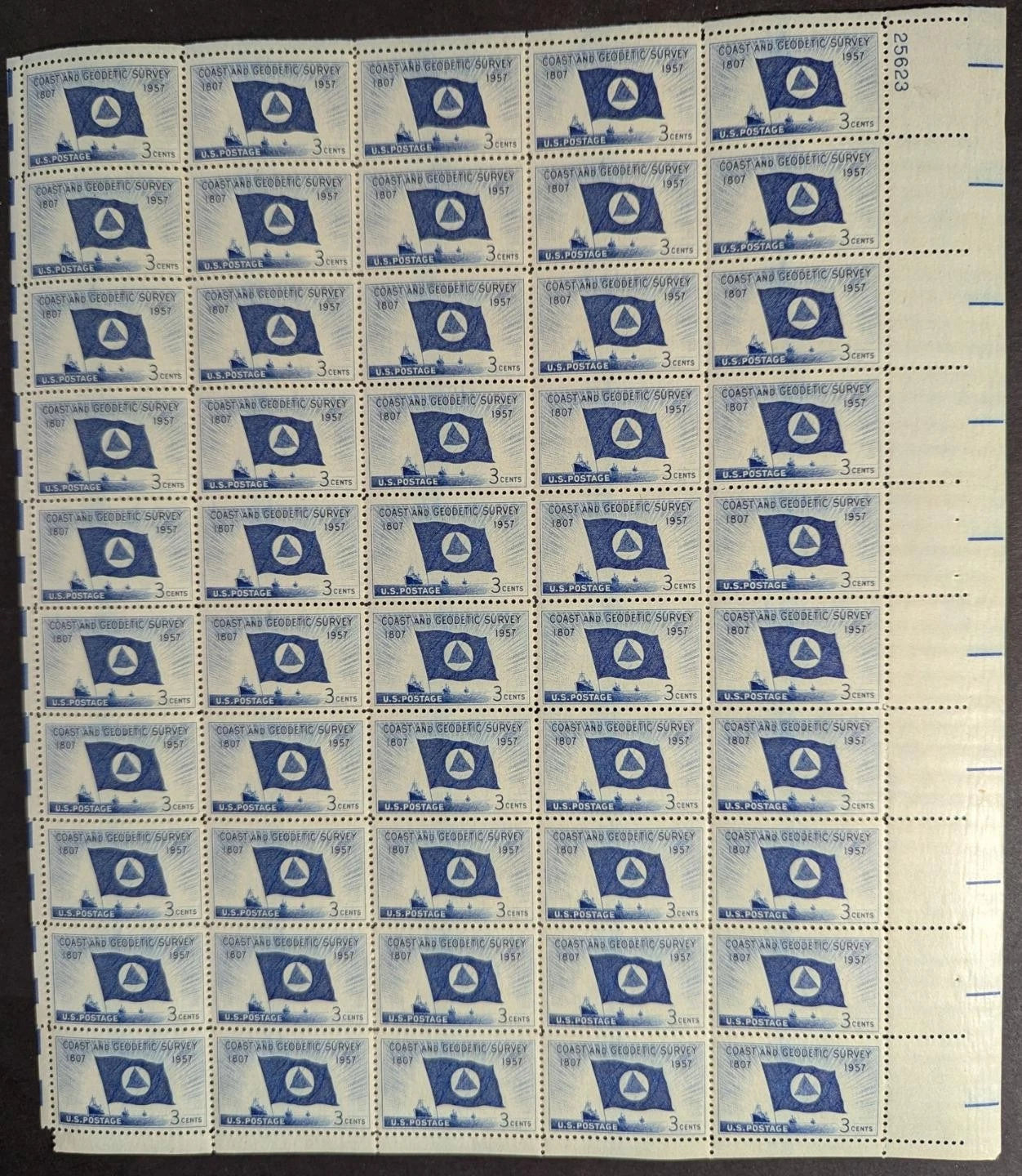 1957 USA 3c Geodetic Sheet -Scott 1088 -MNH, Undisturbed OG -Corner Missing