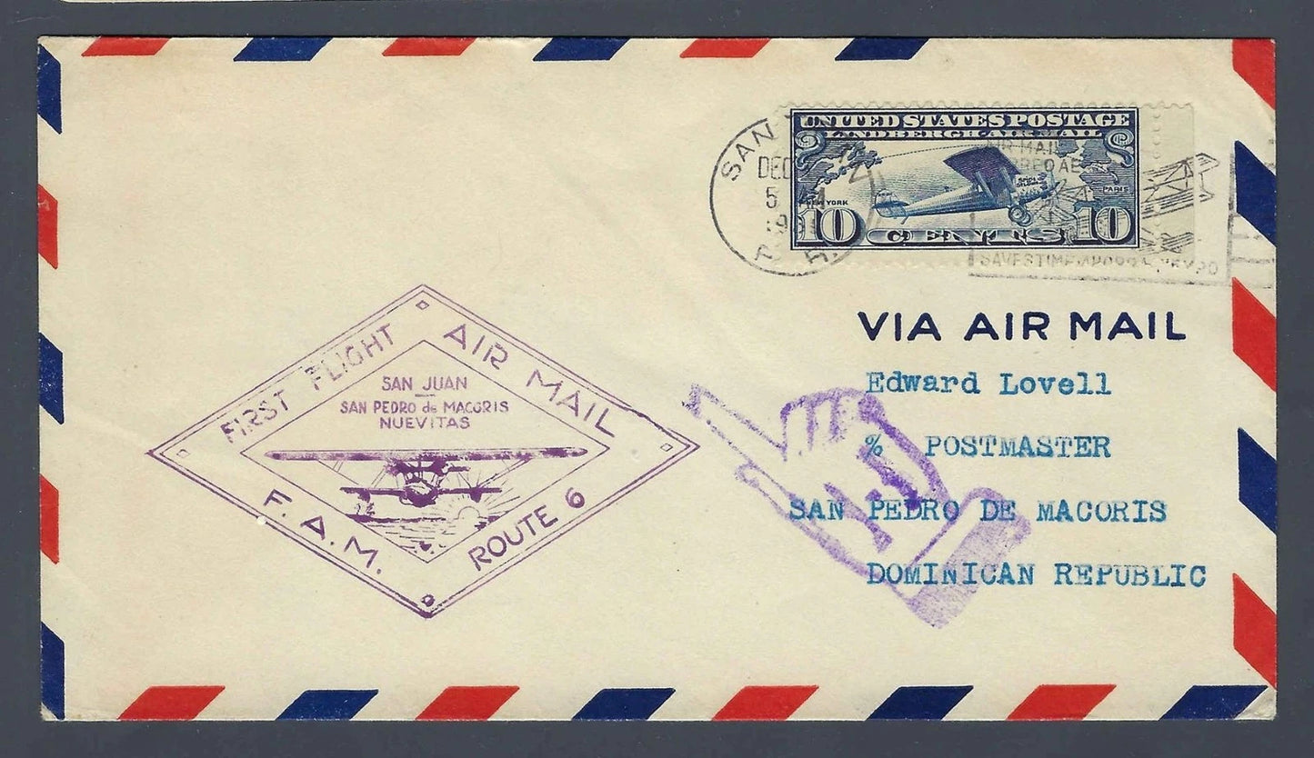 1931 FAM 6 First Flight Cover San Juan Puerto Rico to San Pedro de Macoris DR