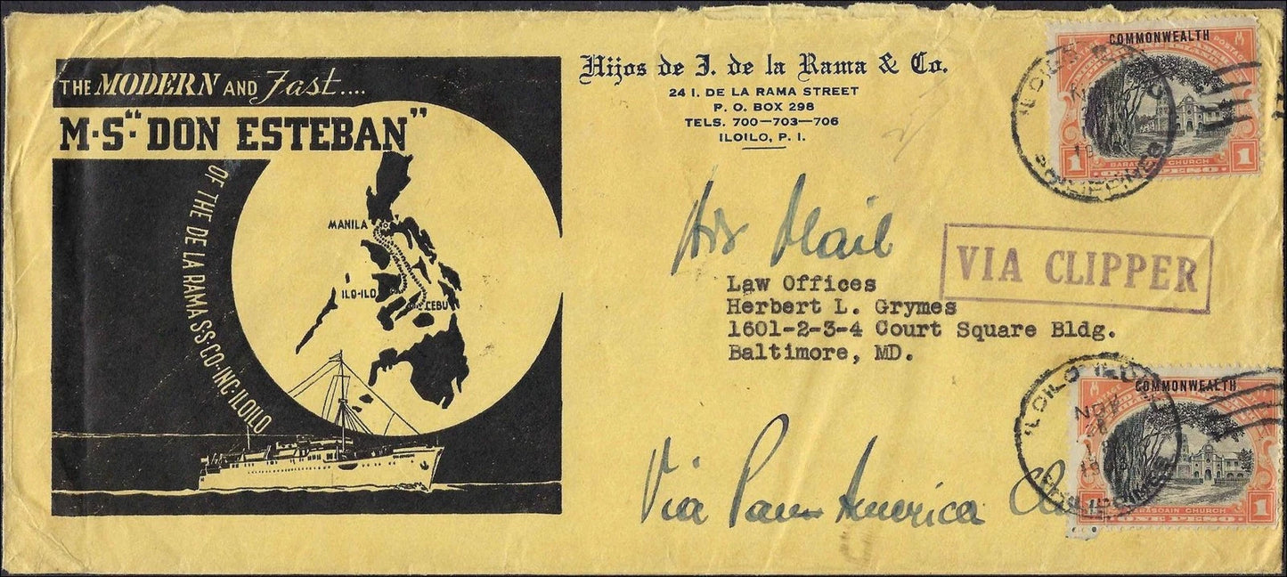 1938 Philippines Don Esteban Ad VIA Clipper Cover to USA