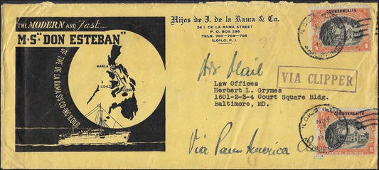 1938 Philippines Don Esteban Ad VIA Clipper Cover to USA