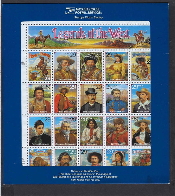 c1994 - USA Scott 2870 Legends of the West Error Sheet - in Sleeve - Cat= $125
