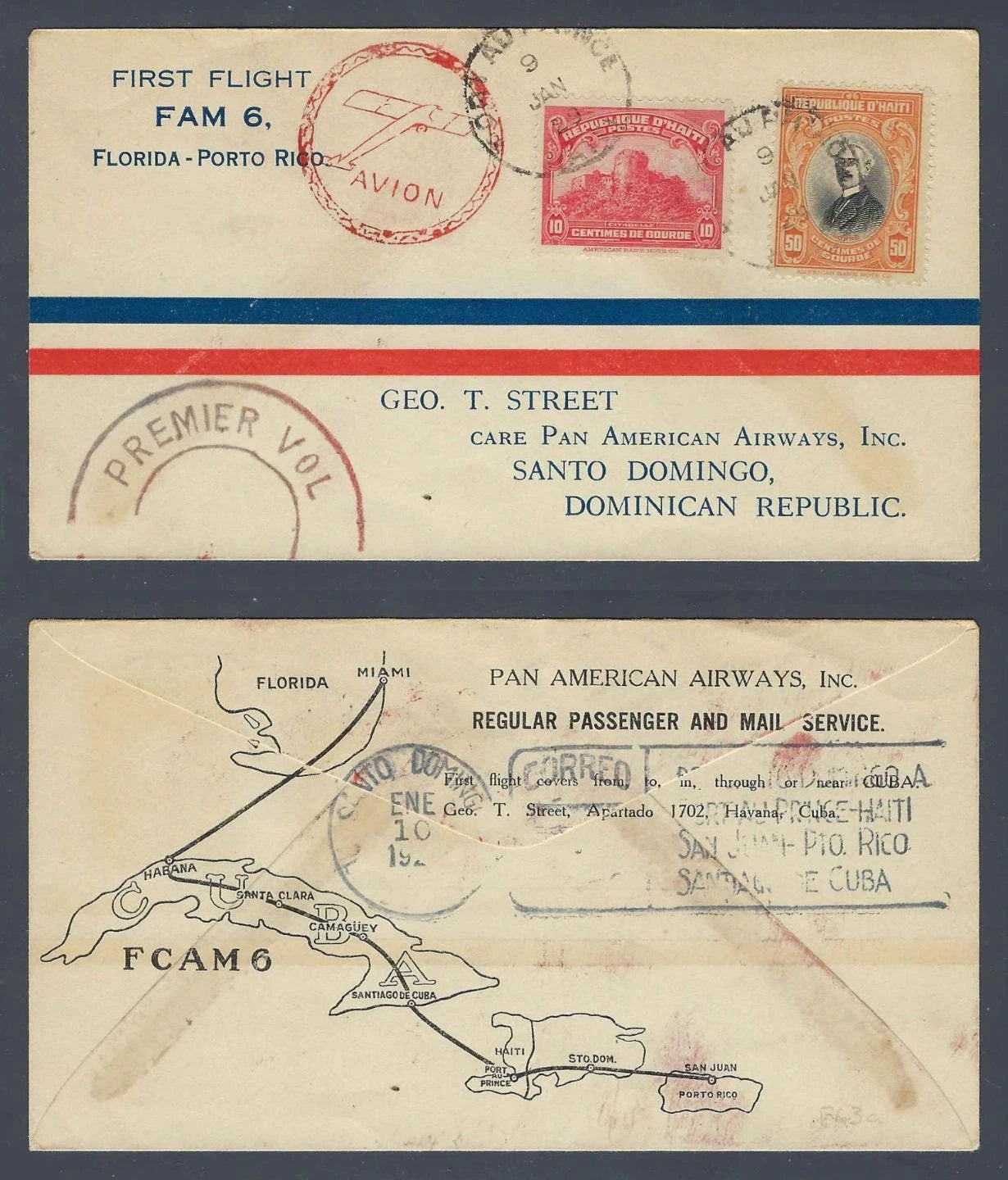 1929 FAM 6 First Flight Cover Port au Prince Haiti to Santo Domingo PAA Map