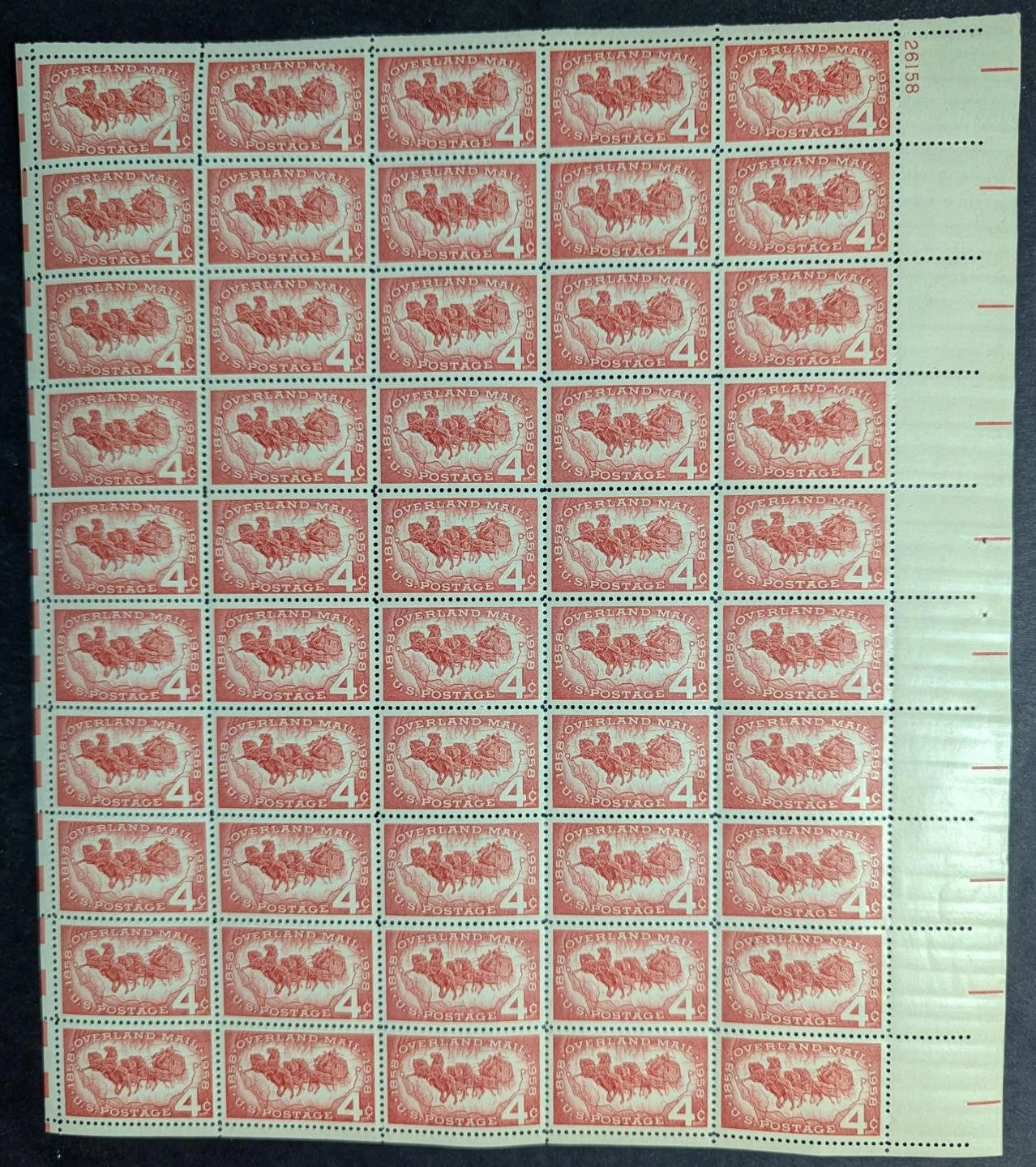 1958 USA 4c Overland Mail Sheet -Scott 1120 -MNH, Undisturbed OG -No Sig Flaws