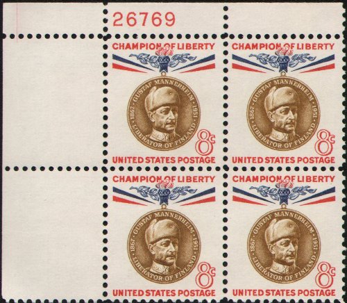 1960 Gustaf Mannerheim Plate Block of 8c Postage Stamps, Scott1166, MNH, OG