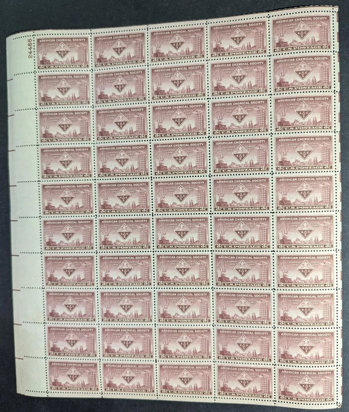 1951 USA Chemical Soc 3c Sheet -Scott 1002 -MNH, Undisturbed OG - No Sig Flaws