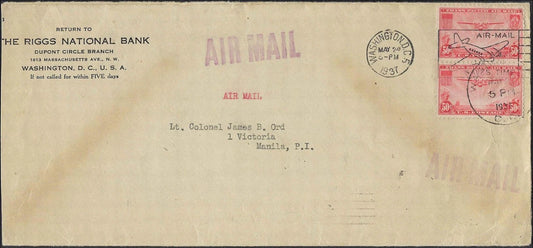 1937 USA Trans-Pacific Airmail Cover Washington DC to Manila Philippines 2x C22