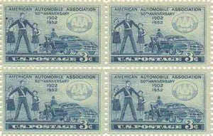 1952 American Auto Assoc. Block of 4 x 3c Postage Stamps, Sc# 1007, MNH, OG