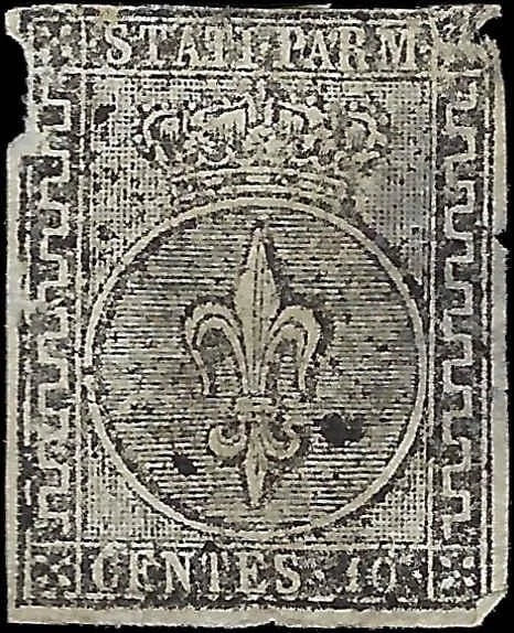 c1852 Parma Italy 10c Stamp - Scott 2 - Used? - Thin - Cat= $135