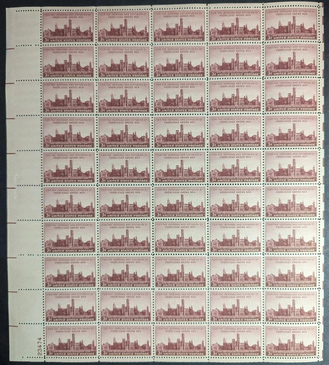 1946 USA Smithsonian 3c Sheet -Scott 943 -MNH, Undisturbed OG - No Sig Flaws