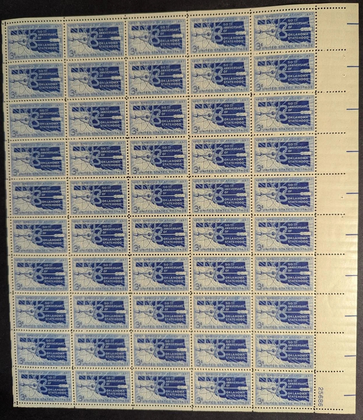 1957 USA 3c Oklahoma Sheet -Scott 1092 -MNH, Undisturbed OG -No Sig Flaws