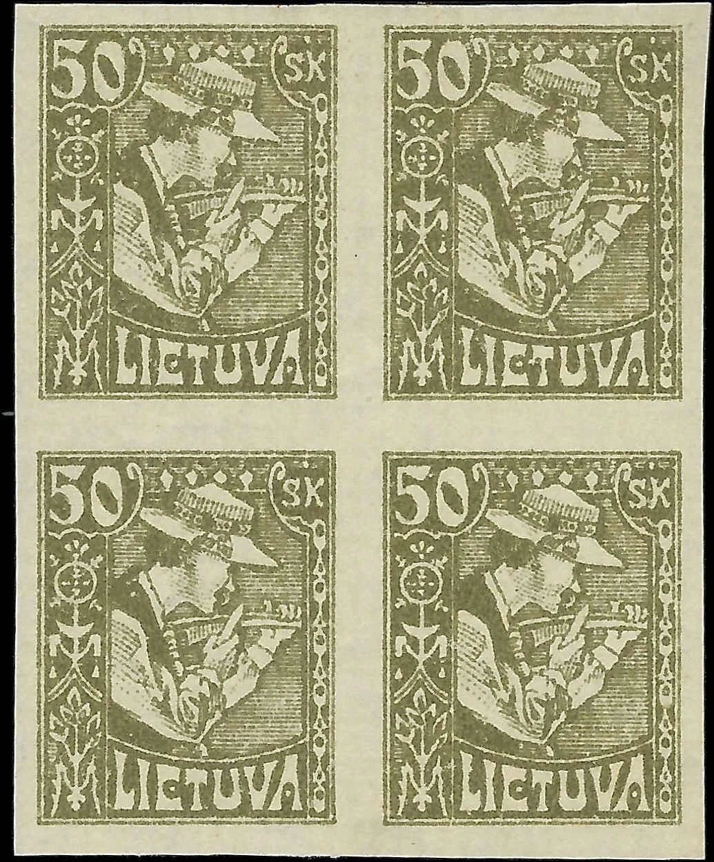 1921 Lithuania 20sk - Scott 102a - MLH, OG Imperf Variety Block of 4 - Cat= $100