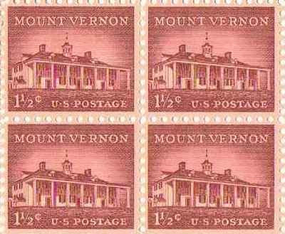 1954 Mount Vernon Block of 4 1.5c Postage Stamps, Scott1032, MNH, OG