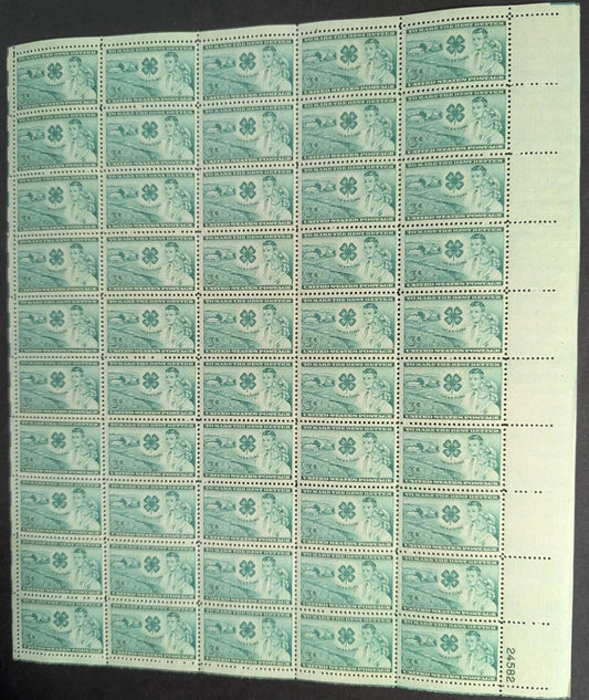 1952 USA 4H Club 3c Sheet -Scott 1005 -MNH, Undisturbed OG - No Sig Flaws