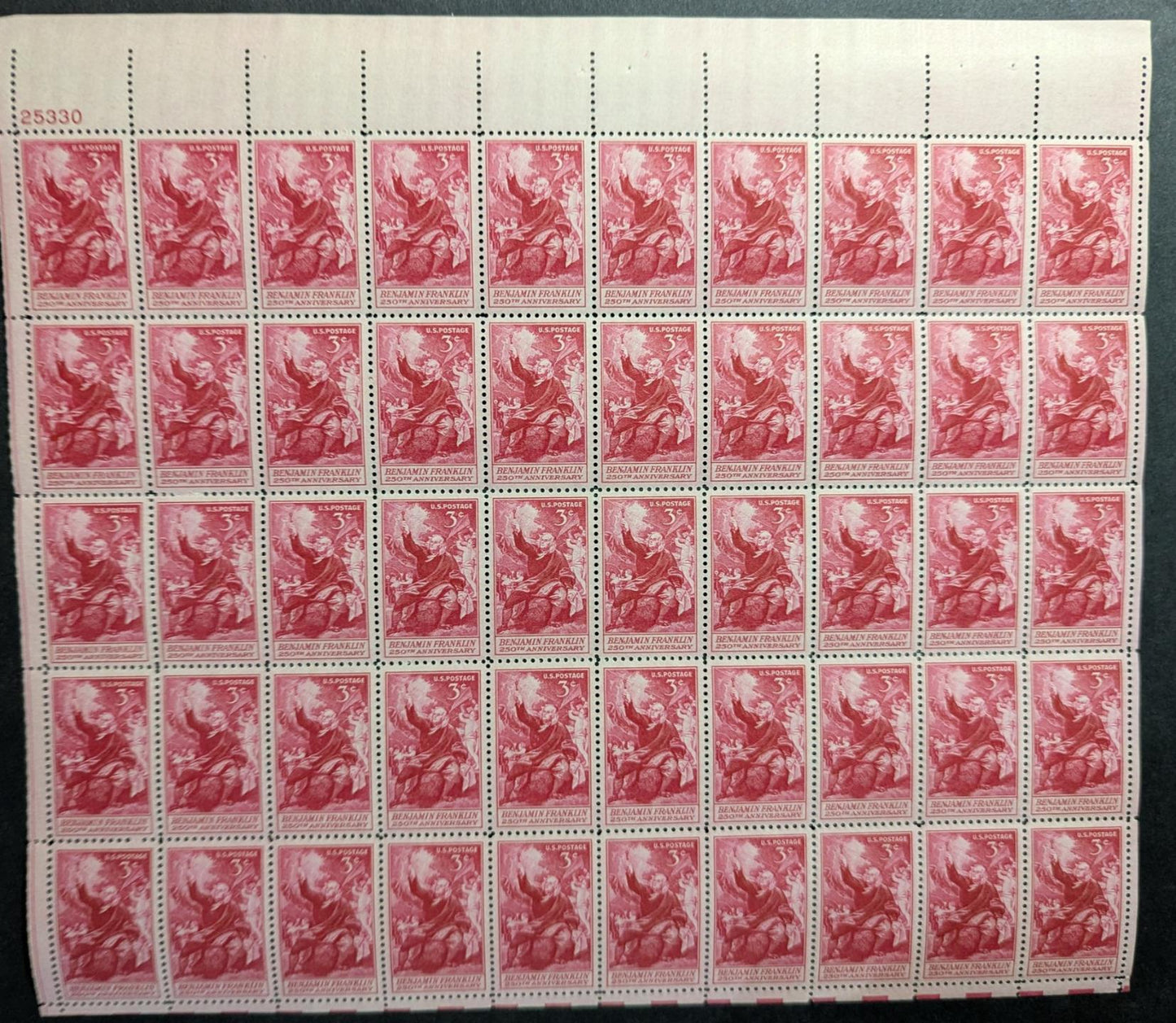 1956 USA 3c Ben Franklin Sheet -Scott 1073 -MNH, Undisturbed OG - No Sig Flaws