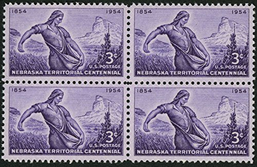 1954 Nebraska Territorial Block of 4 3c Postage Stamps, Scott 1054, MNH, OG