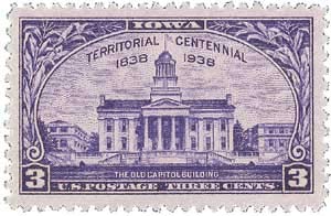 1938 Iowa Territory Centennial Single 3c Postage Stamp, Sc#838, MNH, OG