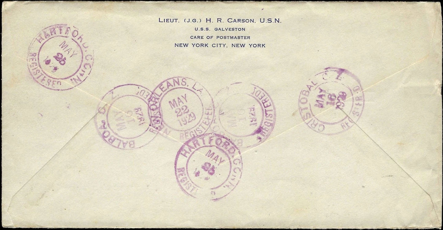 c1929 - Registered Canal Zone to USA - 4 Different Post Mark Stops on Reverse!