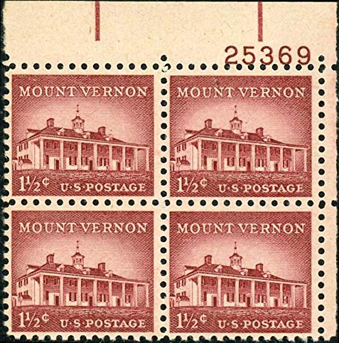 1956 Mount Vernon Plate Block of 4 1.5c Postage Stamps, Scott 1032, MNH, OG