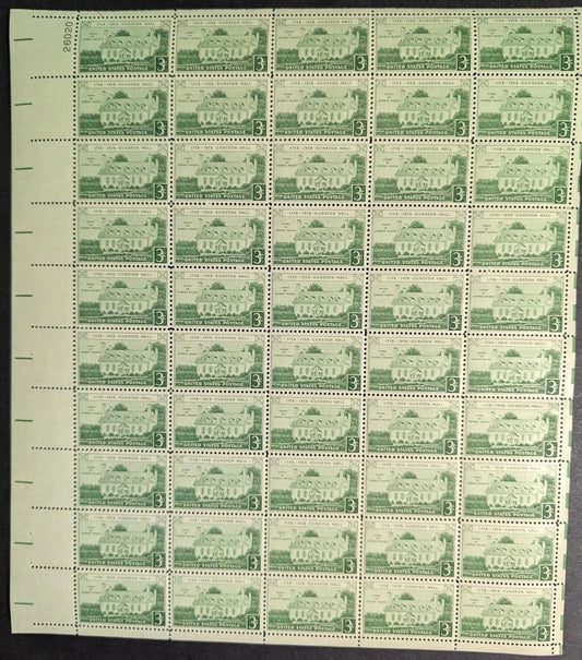 1958 USA 3c Gunston Hall Sheet -Scott 1108 -MNH, Undisturbed OG -No Sig Flaws