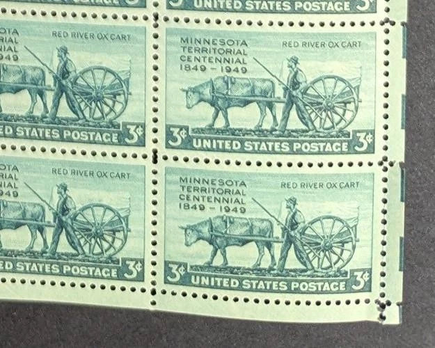 1949 USA Minnesota 3c Sheet -Scott 981 -MNH, Undisturbed OG - Pulled Corner Perf