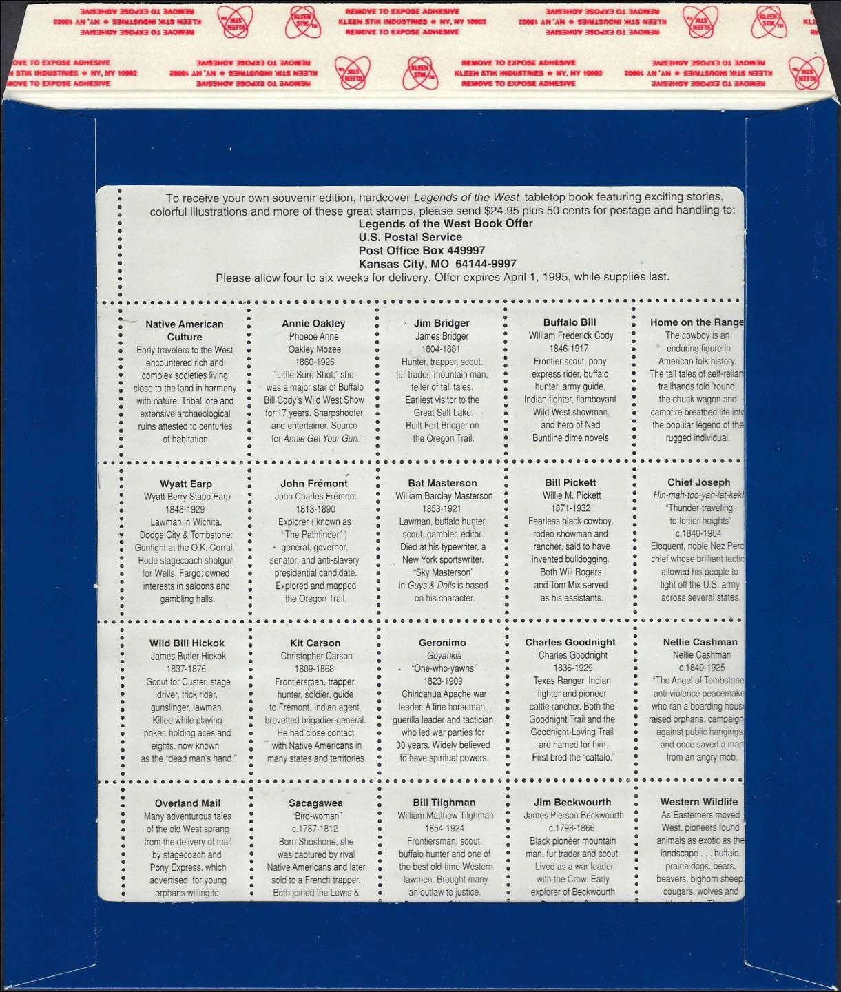c1994 - USA Scott 2870 Legends of the West Error Sheet - with Sleeve - Cat= $125