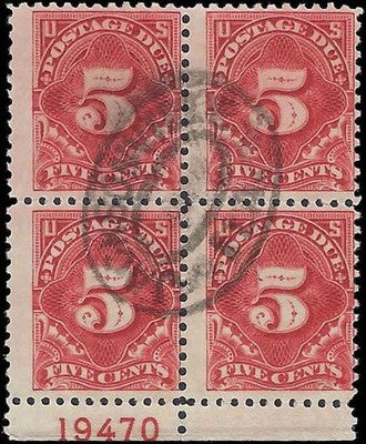 c1917 - Postage Due Scott J64 Block of 4 & Plate # - Used -Posted Jacksonville, FL